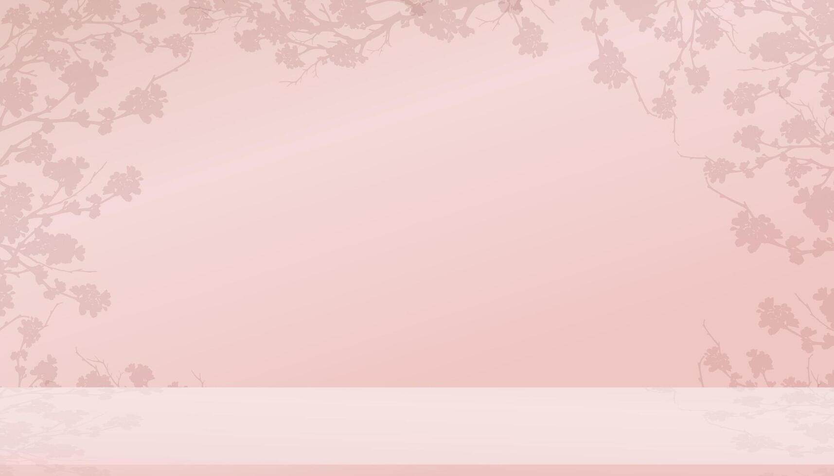 primavera sfondo, studio camera con 3d podio Schermo con ciliegia fioritura su rosa parete sfondo, vettore illustrazione fondale sakura fiore telaio confine per madre giorno, San Valentino, Pasqua bandiera