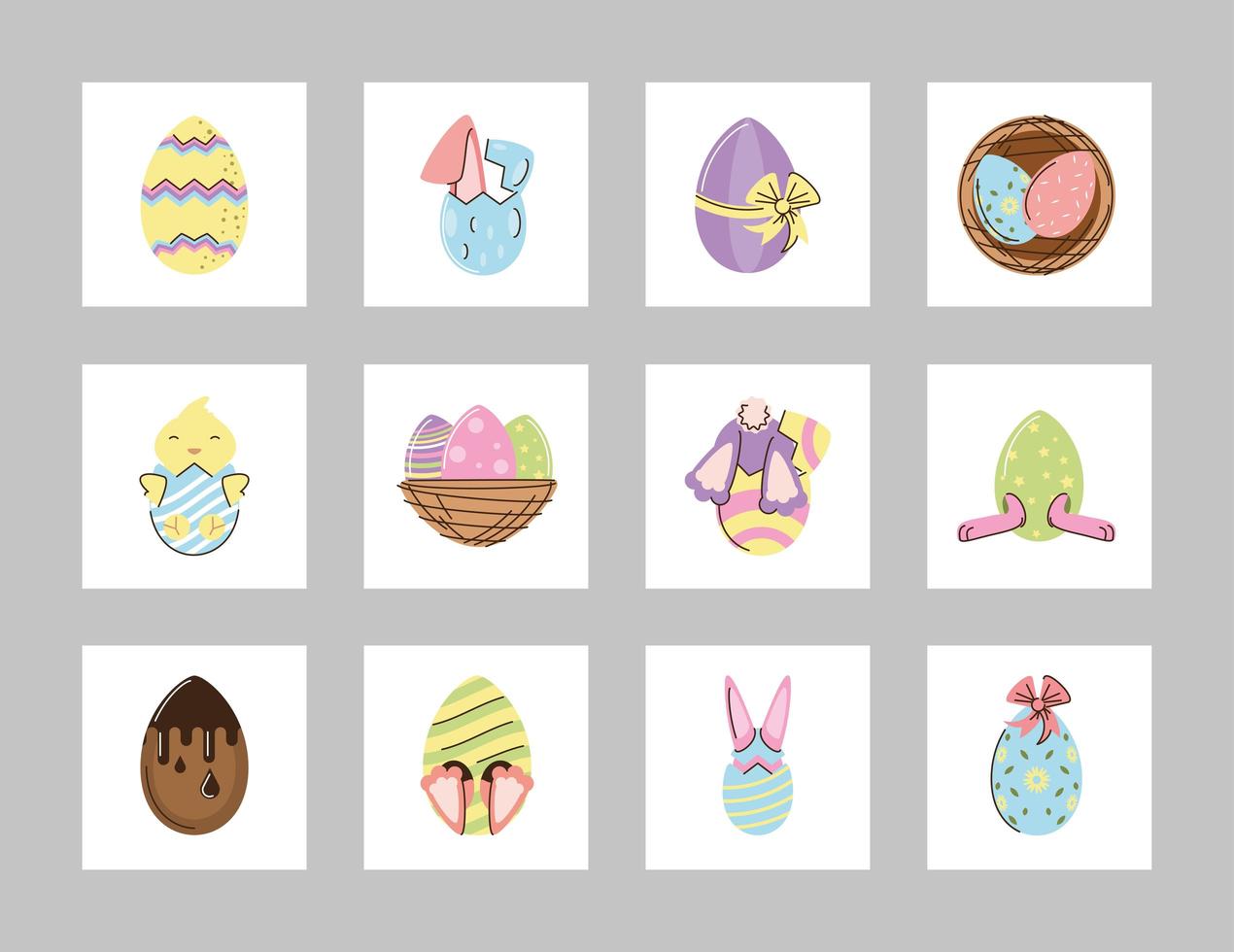 impostare felice celebrazione di pasqua coniglio uovo di gallina e cesto icone vettore