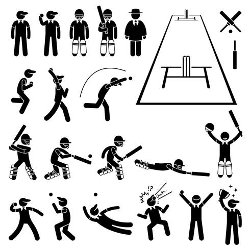 Azioni di giocatore di cricket pone icone pittogramma figura stilizzata. vettore