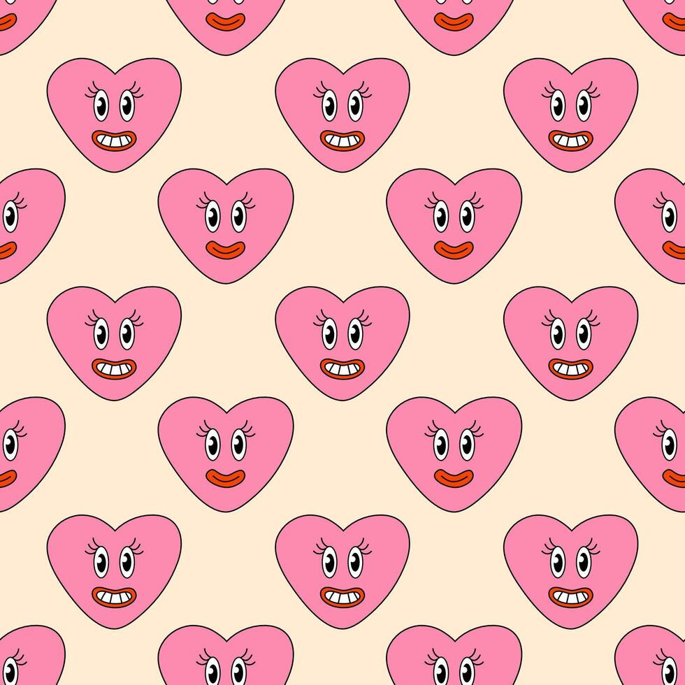 senza soluzione di continuità modello con cuore ragazza rosa Sorridi personaggio per San Valentino giorno. portafortuna nel Groovy e y2k stile. vettore cartone animato illustrazione.