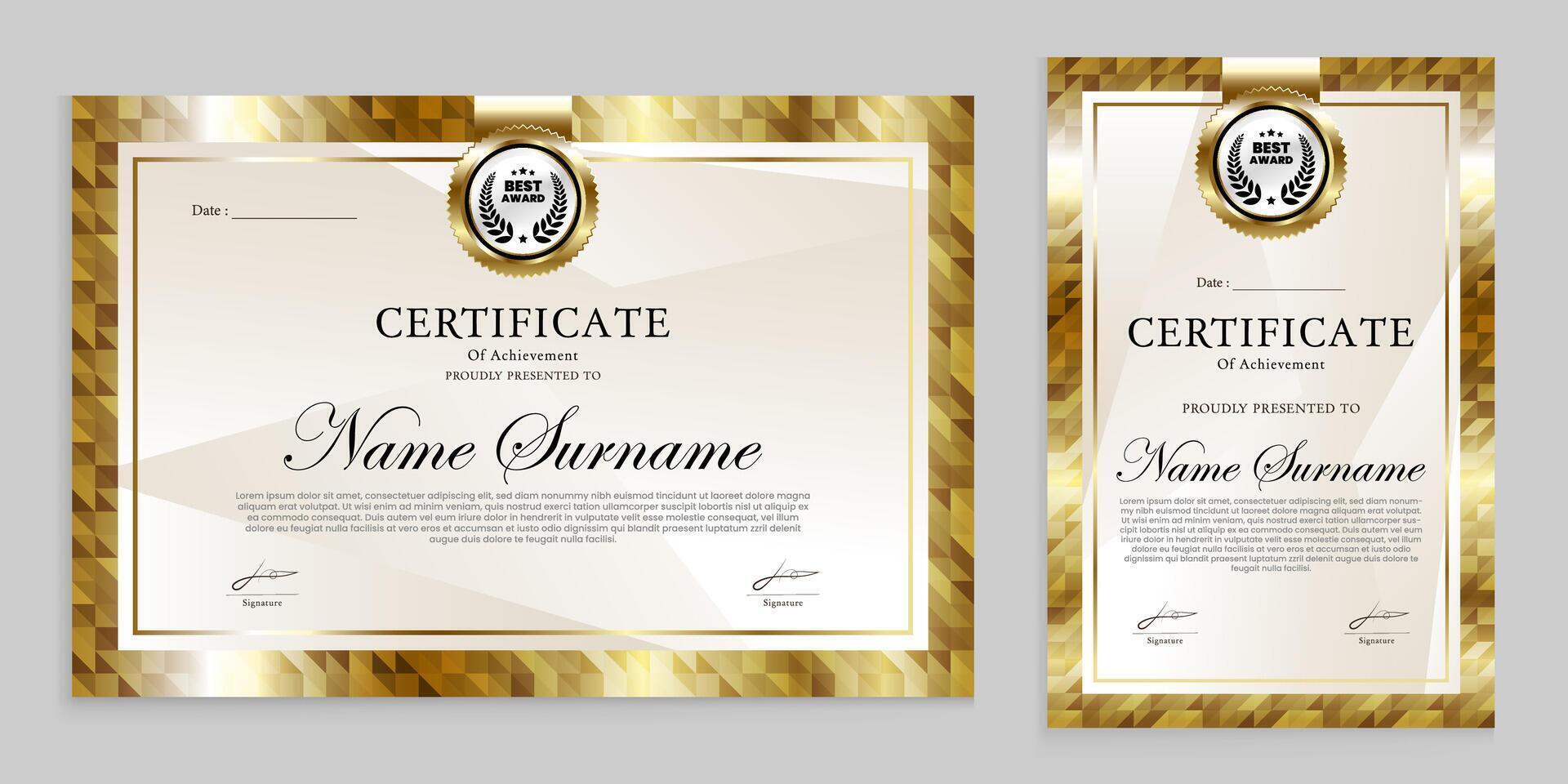 premio certificato design con lusso oro moderno tema. charter, risultati, placche siamo adatto per vario eventi. vettore