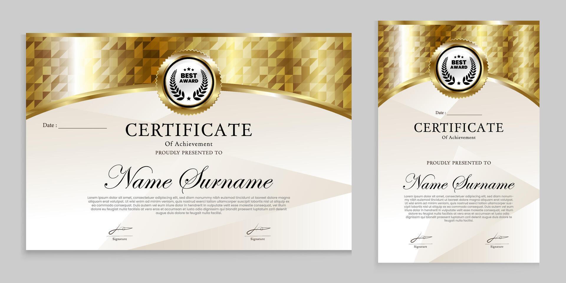 premio certificato design con lusso oro moderno tema. charter, risultati, placche siamo adatto per vario eventi. vettore