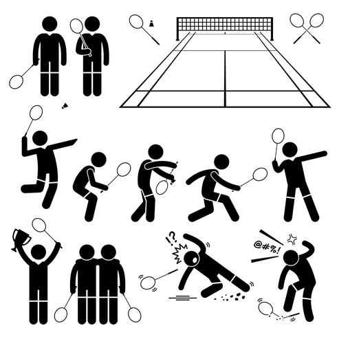 Azioni del giocatore di badminton pone le icone del pittogramma figura stilizzata. vettore