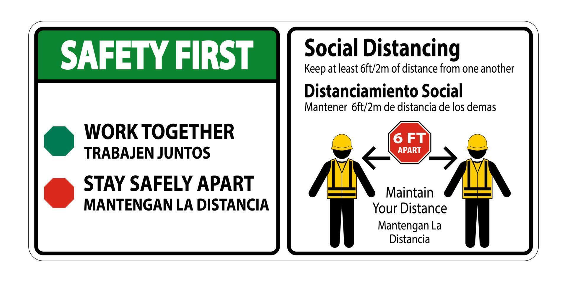 sicurezza primo segno bilingue costruzione distanza sociale isolato su sfondo bianco, illustrazione vettoriale eps.10