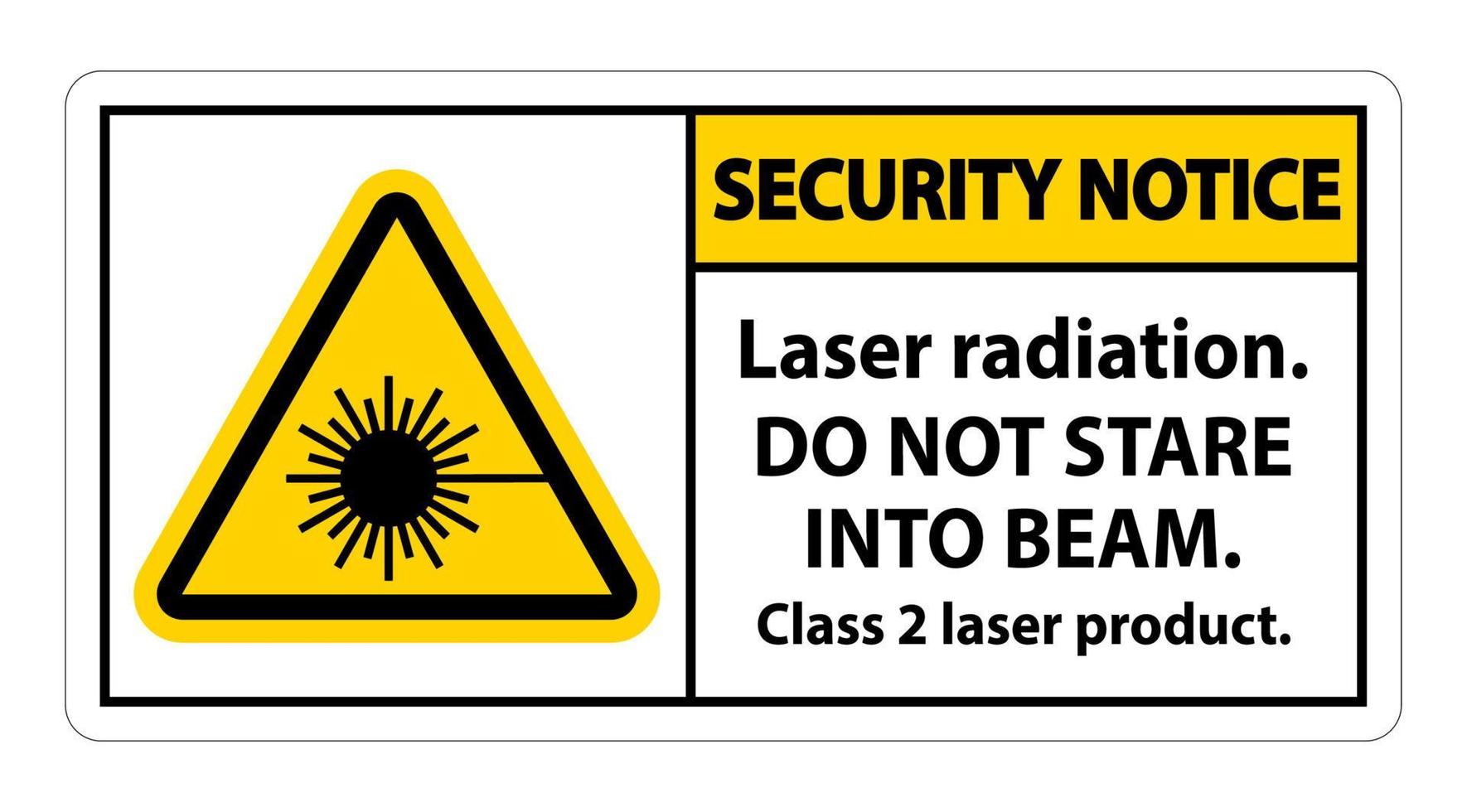 avviso di sicurezza radiazione laser, non fissare il raggio, segno prodotto laser di classe 2 su sfondo bianco vettore