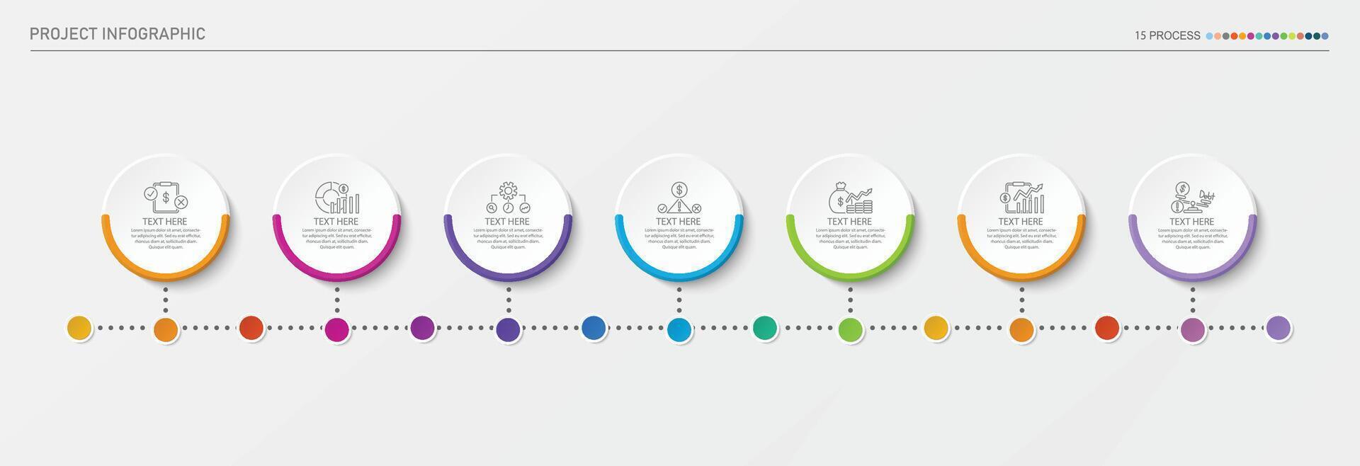 Infografica processi design con icone e 7 opzioni o passi. vettore