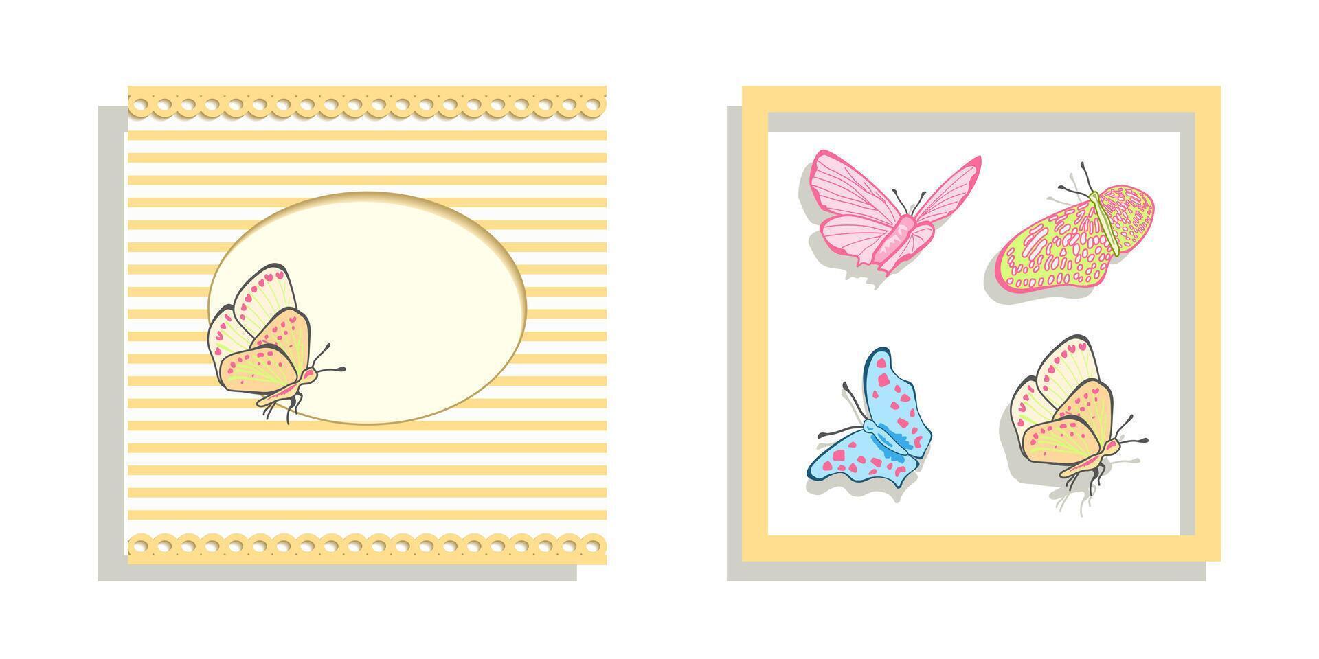 giallo saluto carta con farfalle nel un' telaio. invito per il celebrazione. vettore