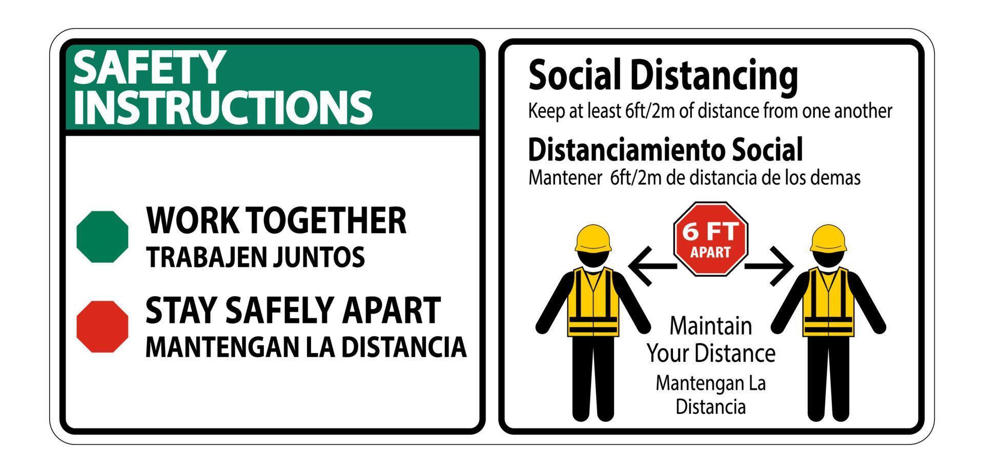 istruzioni di sicurezza bilingue segno costruzione distanza sociale isolato su sfondo bianco, illustrazione vettoriale eps.10