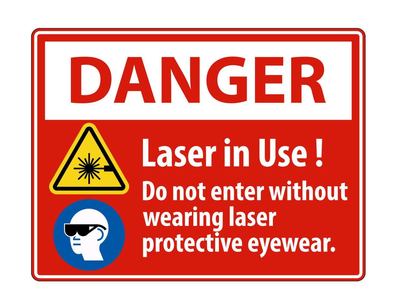 Avvertenza di pericolo etichetta di sicurezza PPE, laser in uso non entrare senza indossare occhiali protettivi laser vettore