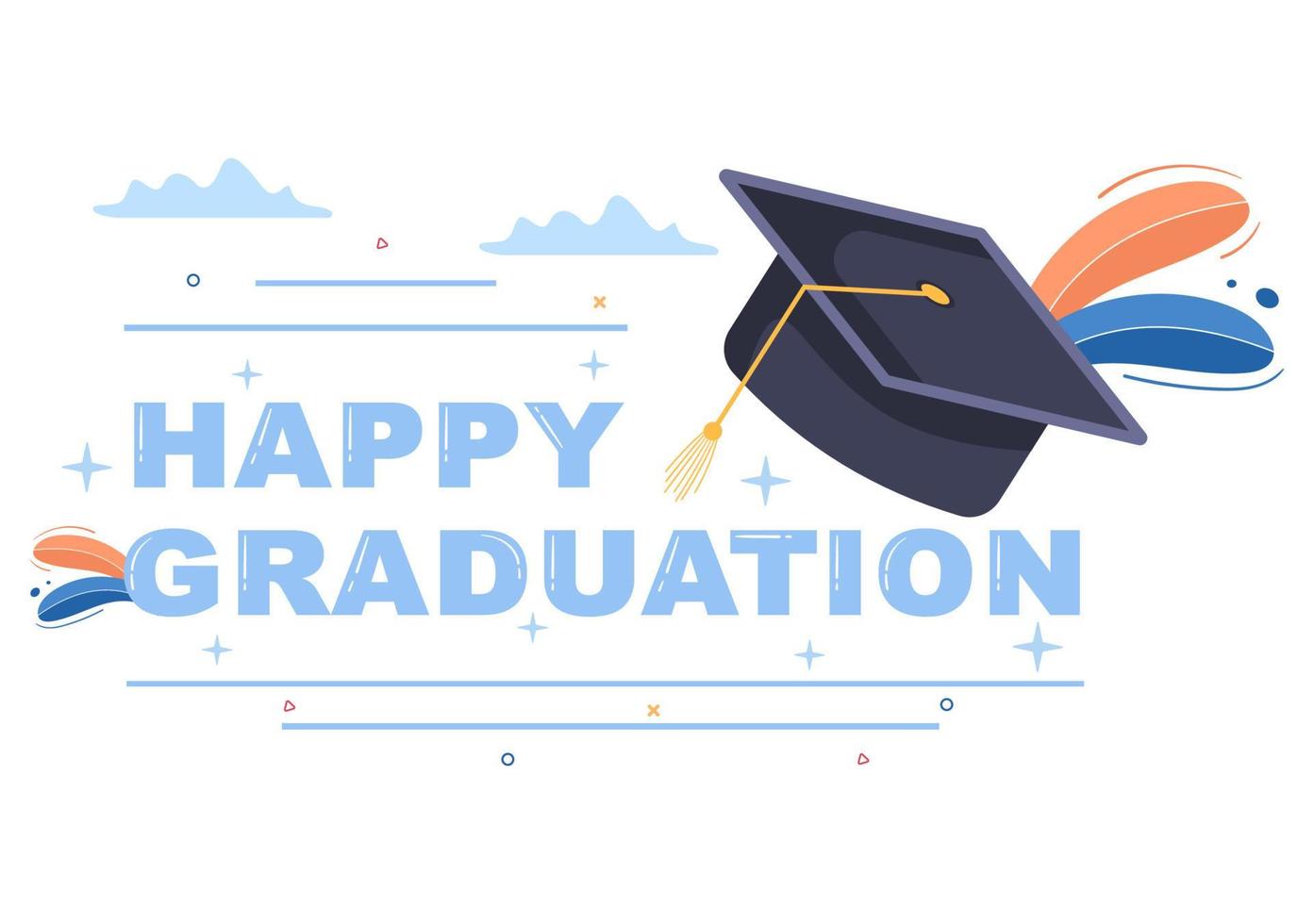 felice giorno della laurea degli studenti che celebrano l'illustrazione vettoriale di sfondo indossando abiti accademici, berretto da laureato e tenendo il diploma in stile piatto