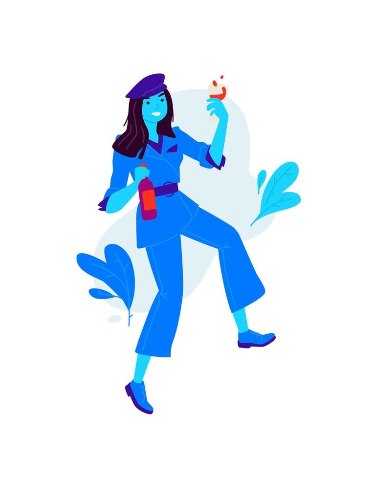 illustrazioni di una ragazza con un bicchiere e una bottiglia di vino. vettore. una donna celebra una vacanza, beve vino. riposo e festa. divertimento e feste. una signora leggermente ubriaca. stile piatto. immagine in blu. vettore