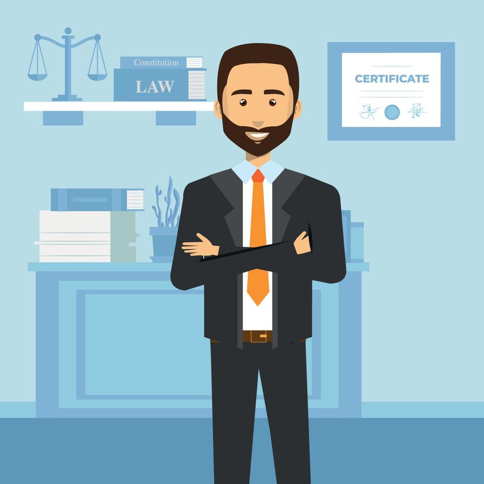 illustrazione di un avvocato sorridente con la barba nel suo ufficio vettore