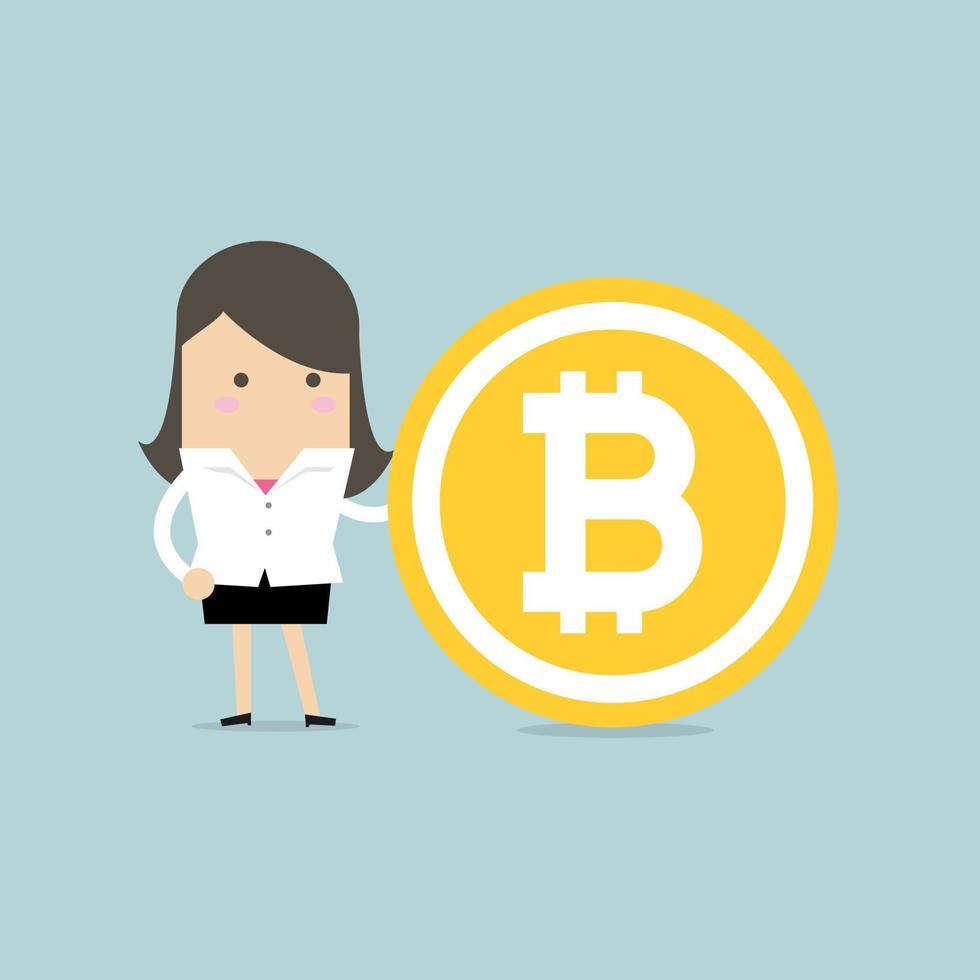 donna d'affari con un bitcoin. vettore