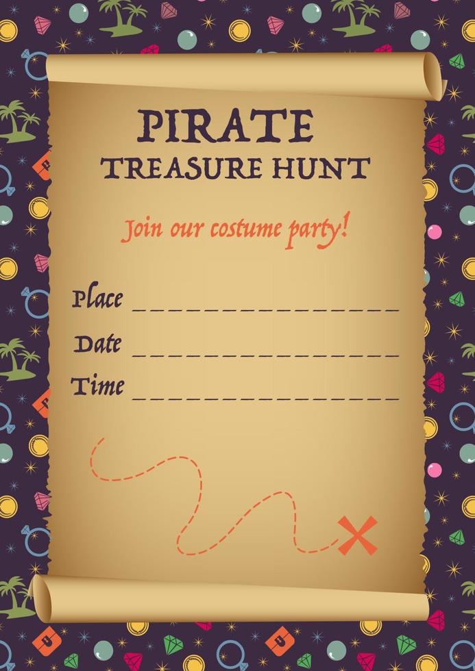disegno del biglietto d'invito per la caccia al tesoro dei pirati vettore