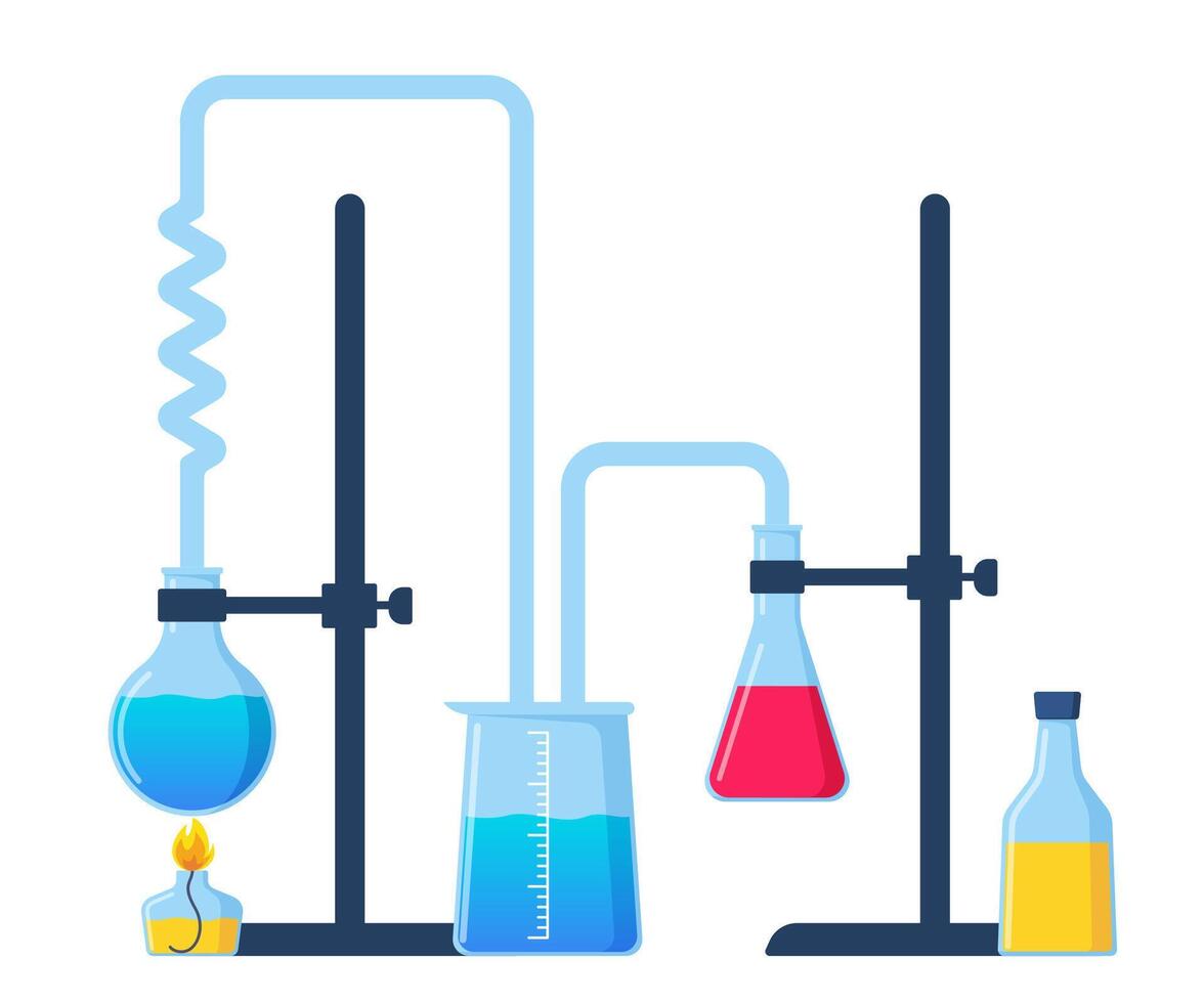 chimico laboratorio con diverso bicchiere boccette, fiale, provette con sostanza e reagenti. laboratorio ricerca, test, studi nel chimica, fisica, biologia. striscione, manifesto. vettore illustrazione.