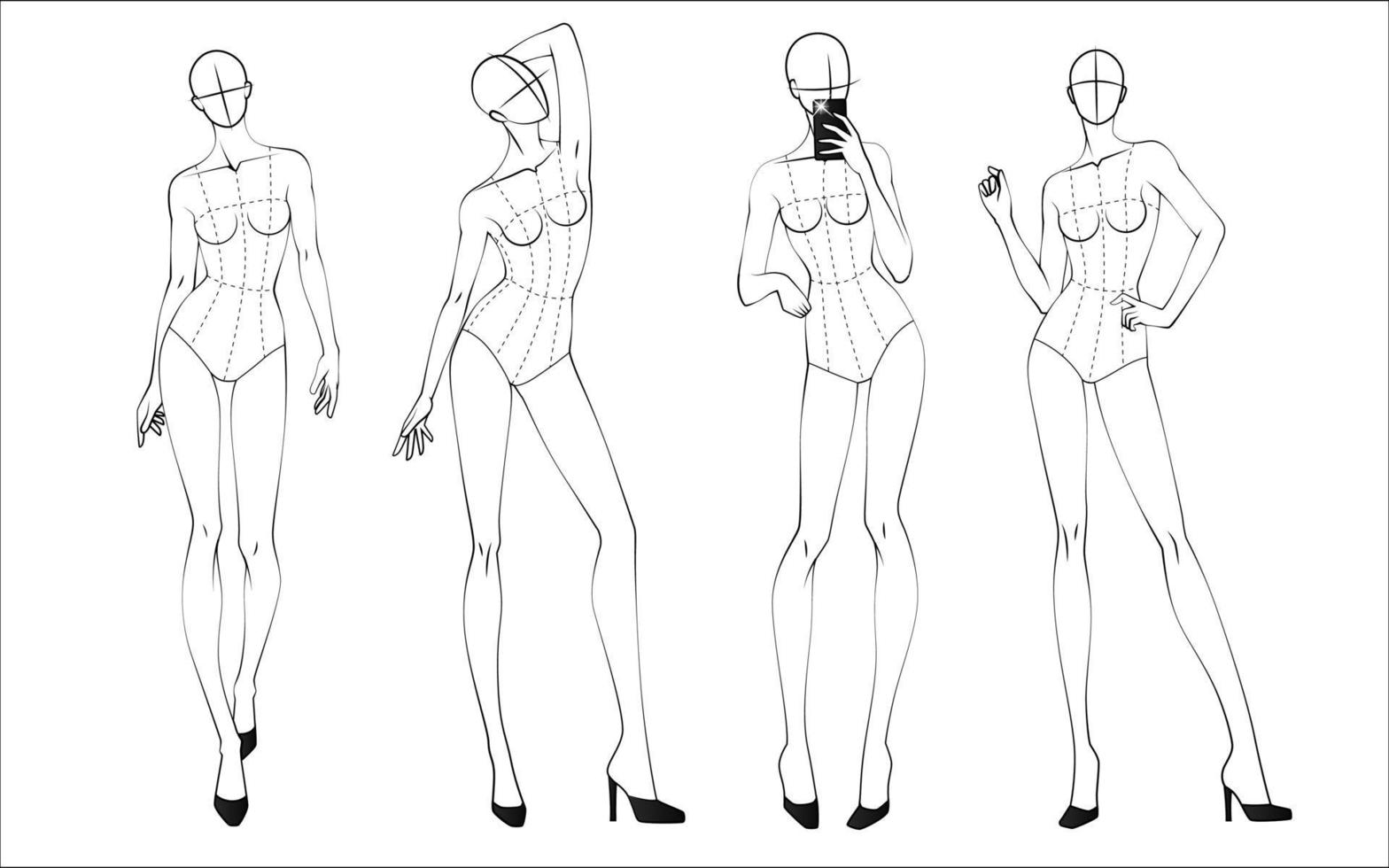 moda figura dieci teste modello di design croquis che indossa corpetto vettore