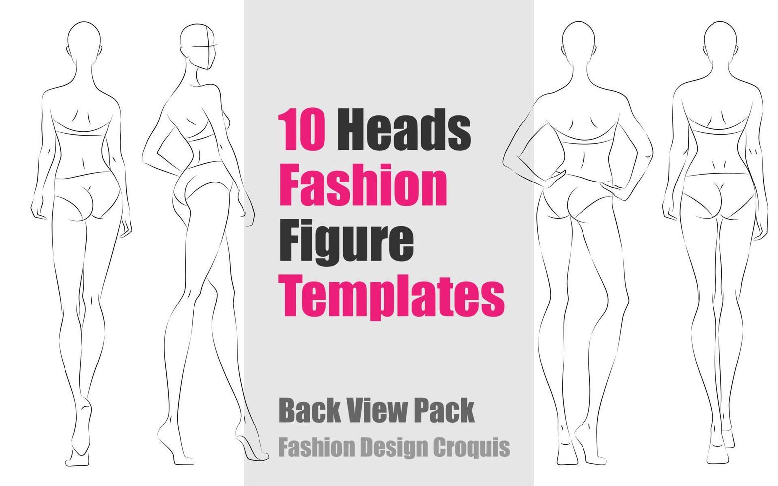 Modelli di figure di moda a 10 teste - pacchetto vista posteriore. croquis di vettore di disegno di moda