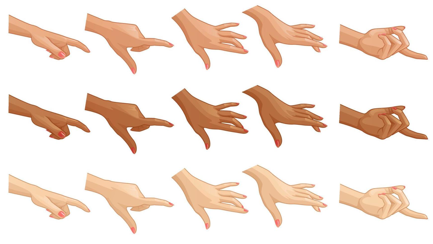 gesto della mano del fumetto impostato per il design in diversi colori della pelle. illustrazione vettoriale