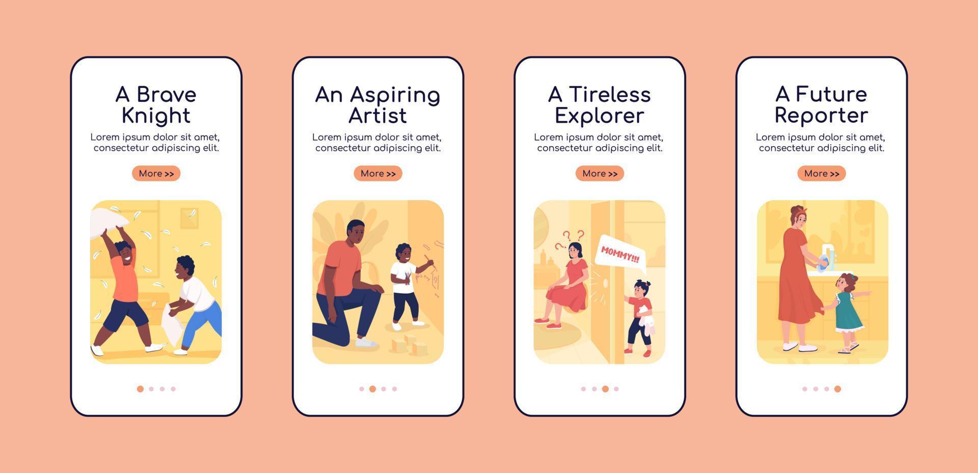 bambini aspritation onboarding modello di vettore piatto schermo app mobile. procedura dettagliata sito Web 4 passaggi con personaggi. crescendo. creative ux, ui, gui interfaccia cartone animato per smartphone, set di stampe di custodie