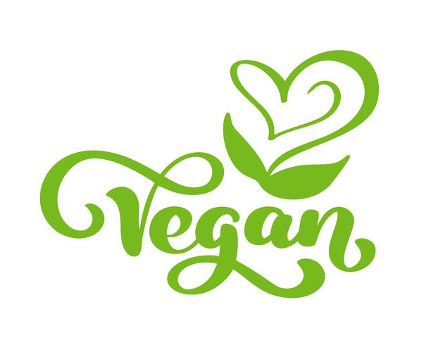 Logo di illustrazione vettoriale vegano, food design. Lettere scritte a mano per ristorante, menu crudo caffè. Elementi per etichette, loghi, badge, adesivi o icone. Collezione calligrafica e tipografica