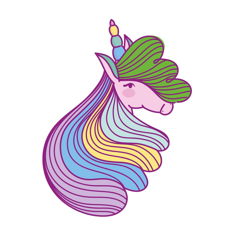 testa di unicorno capelli arcobaleno vettore