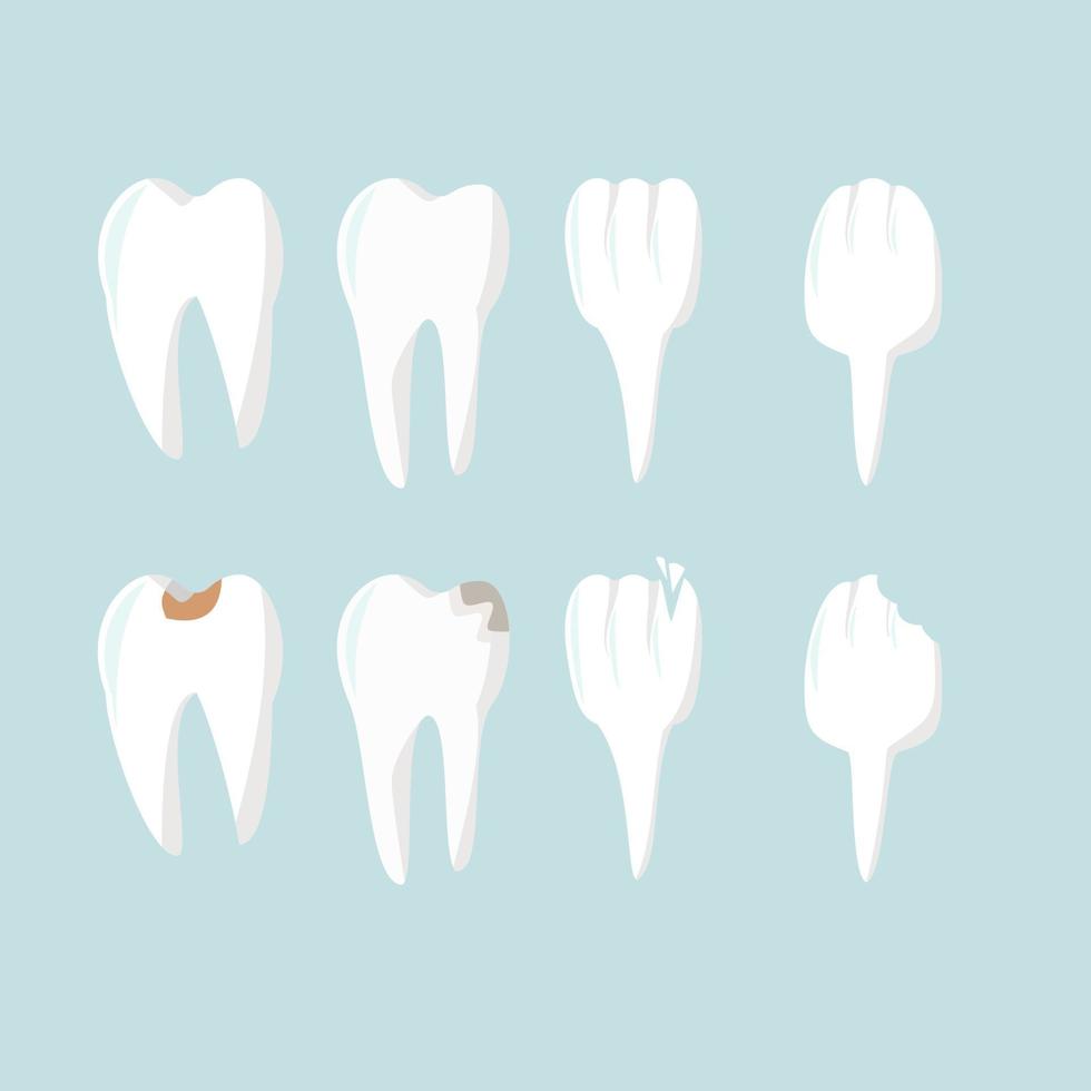 set di denti in stile piatto, denti sani e denti cariati, odontoiatria e salute dentale, illustrazione vettoriale