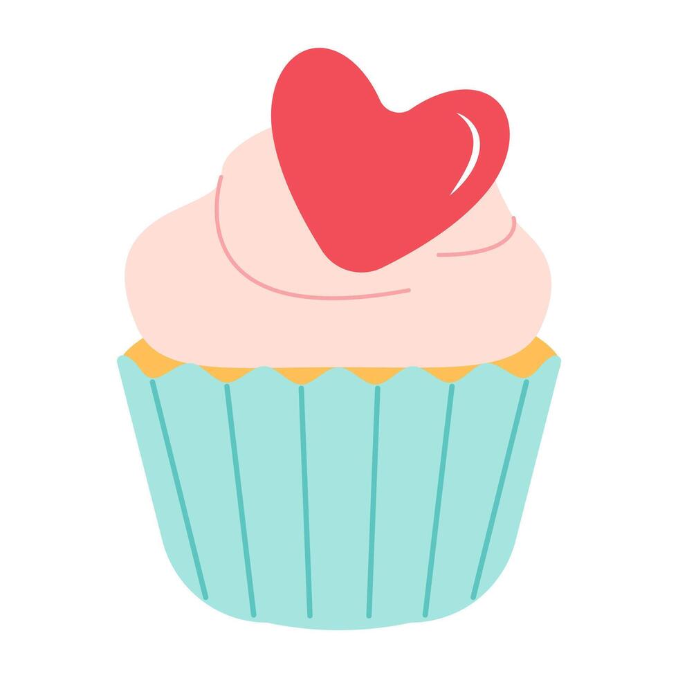 San Valentino Cupcake con cuore. piatto stile isolato su bianca sfondo. amore concetto. retrò. Perfetto per manifesto, carta, invito, maglietta Stampa, o san valentino giorno saluto carta. vettore illustrazione