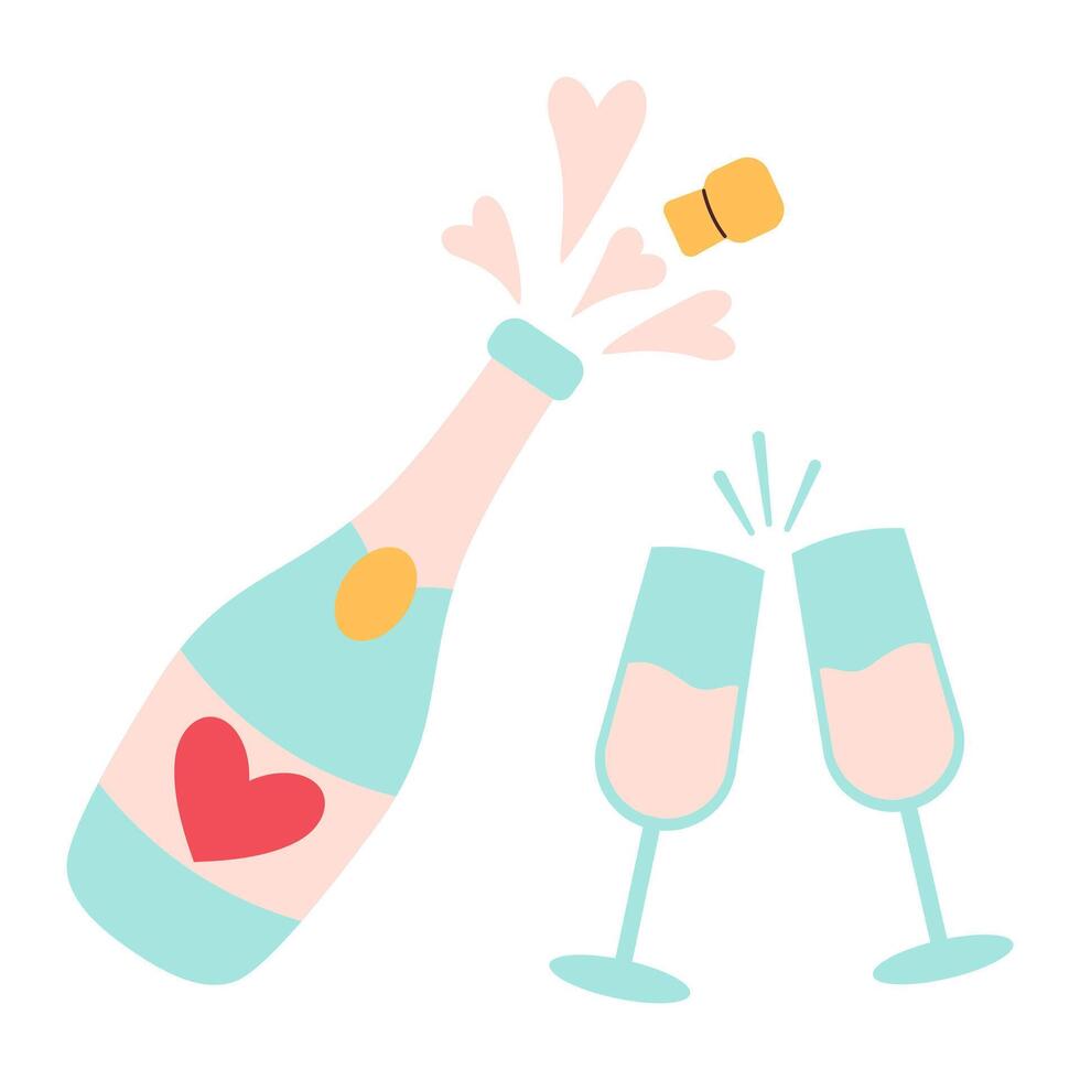 Champagne bottiglia e bicchieri di vino piatto stile. retrò. cartone animato vettore illustrazione. Perfetto per manifesto, carta, invito, maglietta Stampa, stanza dei giochi parete sospeso o san valentino giorno saluto carta.