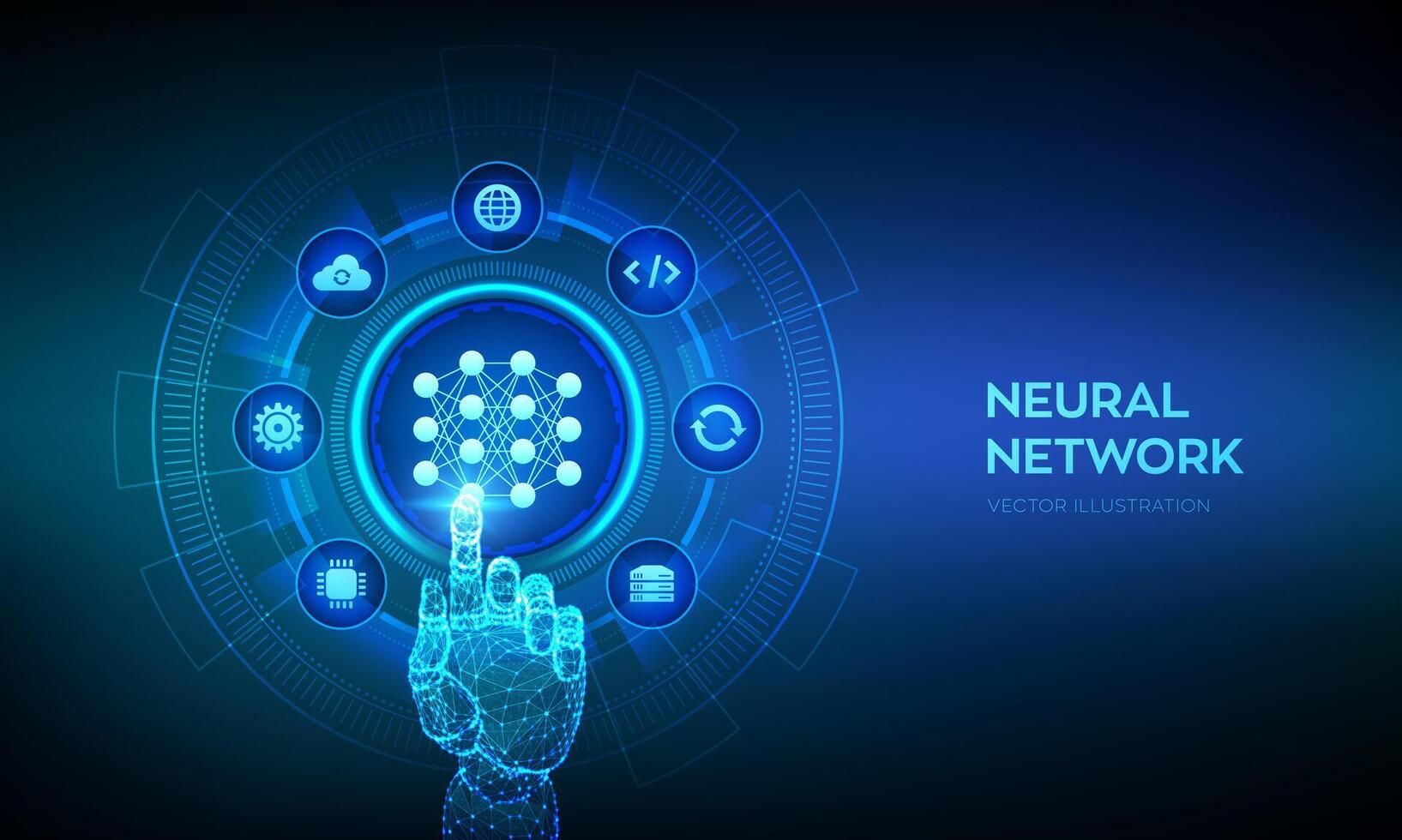 neurale Rete tecnologia concetto. ai. artificiale intelligenza. macchina apprendimento. in profondità apprendimento. grande dati analisi. wireframe mano toccante digitale interfaccia. vettore illustrazione.