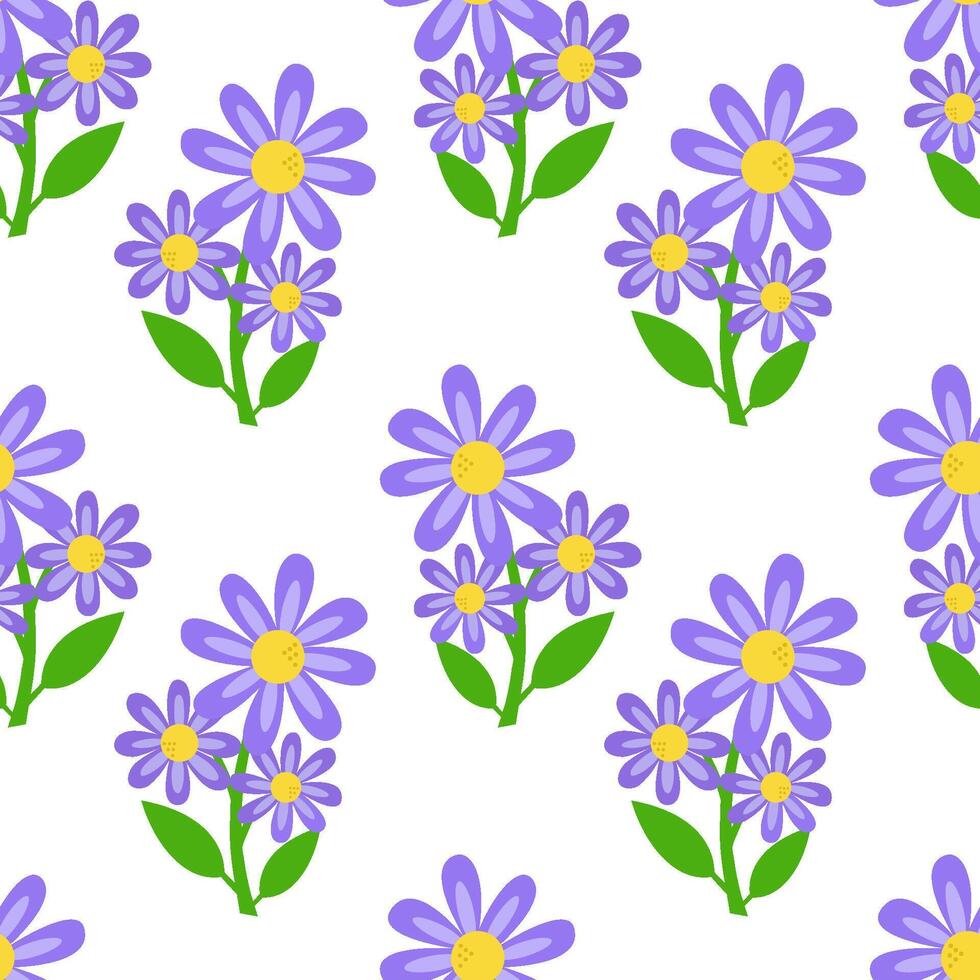 senza soluzione di continuità floreale modello, bellissimo viola fiori nel cartone animato stile. carino botanico design con carino disegnato a mano fiori. vettore illustrazione. un' molla, Festival illustrazione.