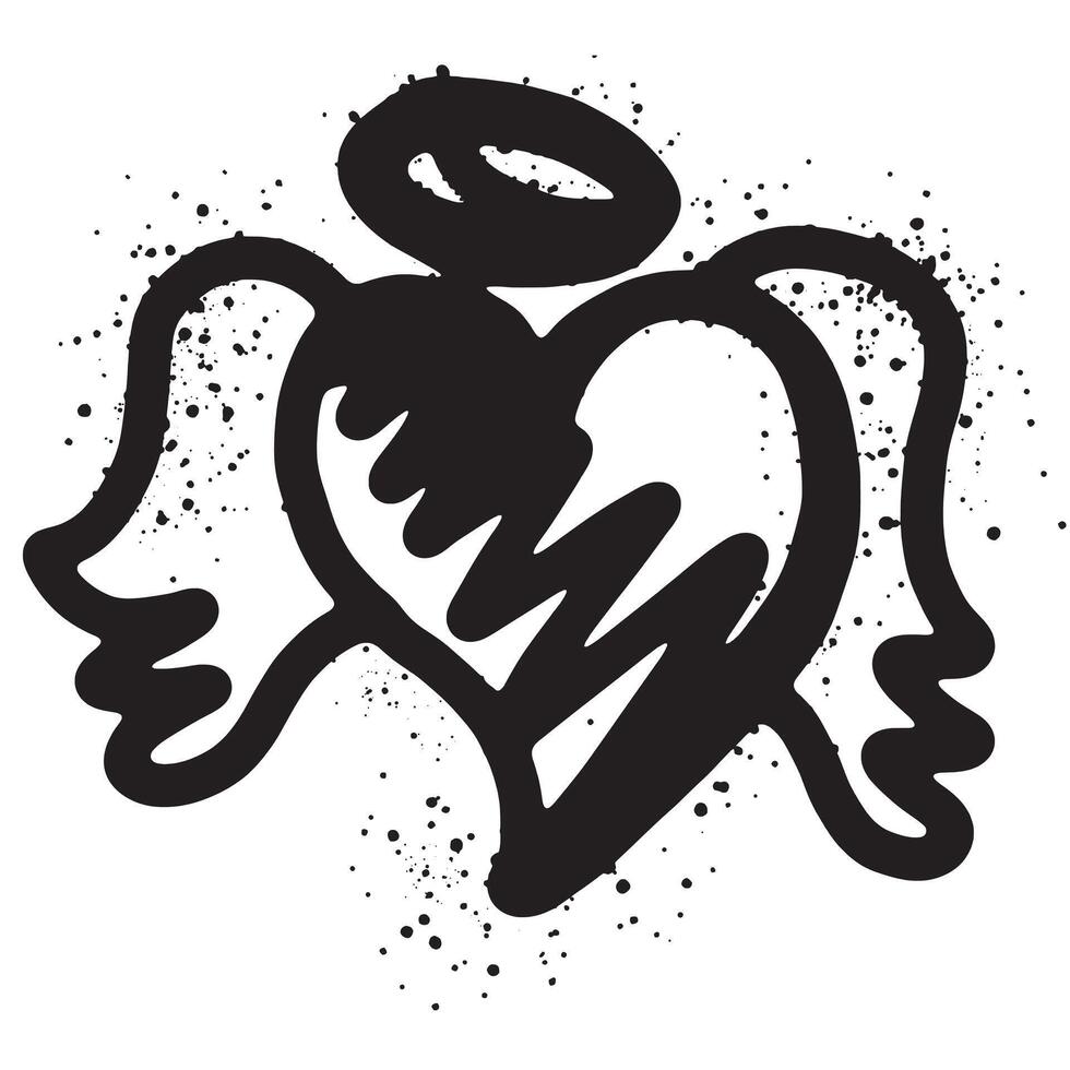 mano disegnato nero cuore con Ali. graffiti amore Ali simbolo con al di sopra di spray nel nero al di sopra di bianca. vettore illustrazione.