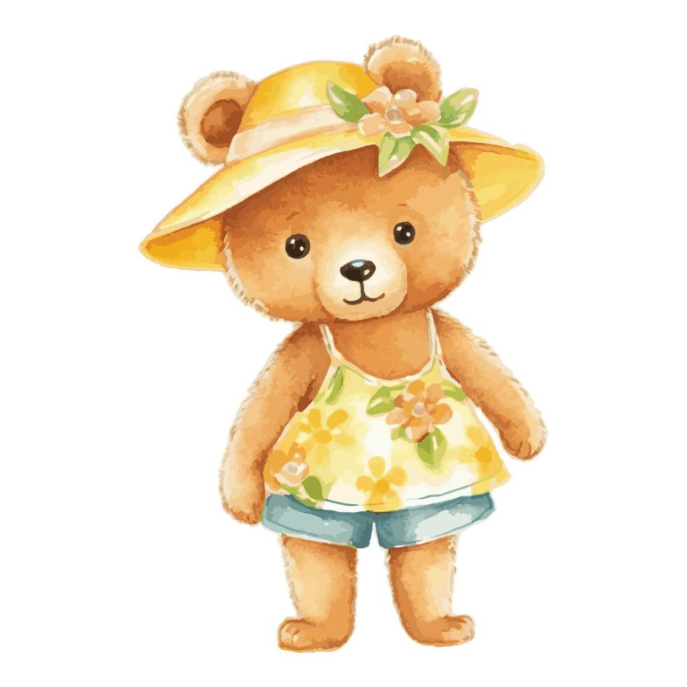 acquerello carino un po' orso indossare giallo fiore cappello e serbatoio superiore in piedi adorabile concetto vettore