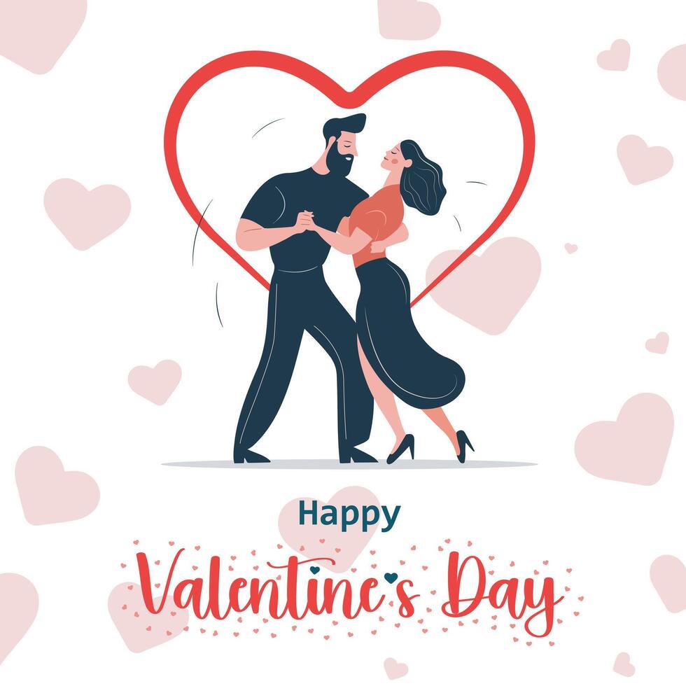 contento san valentino giorno - coppia uomo e donna danza su cuori per san valentino giorno saluto carta vettore