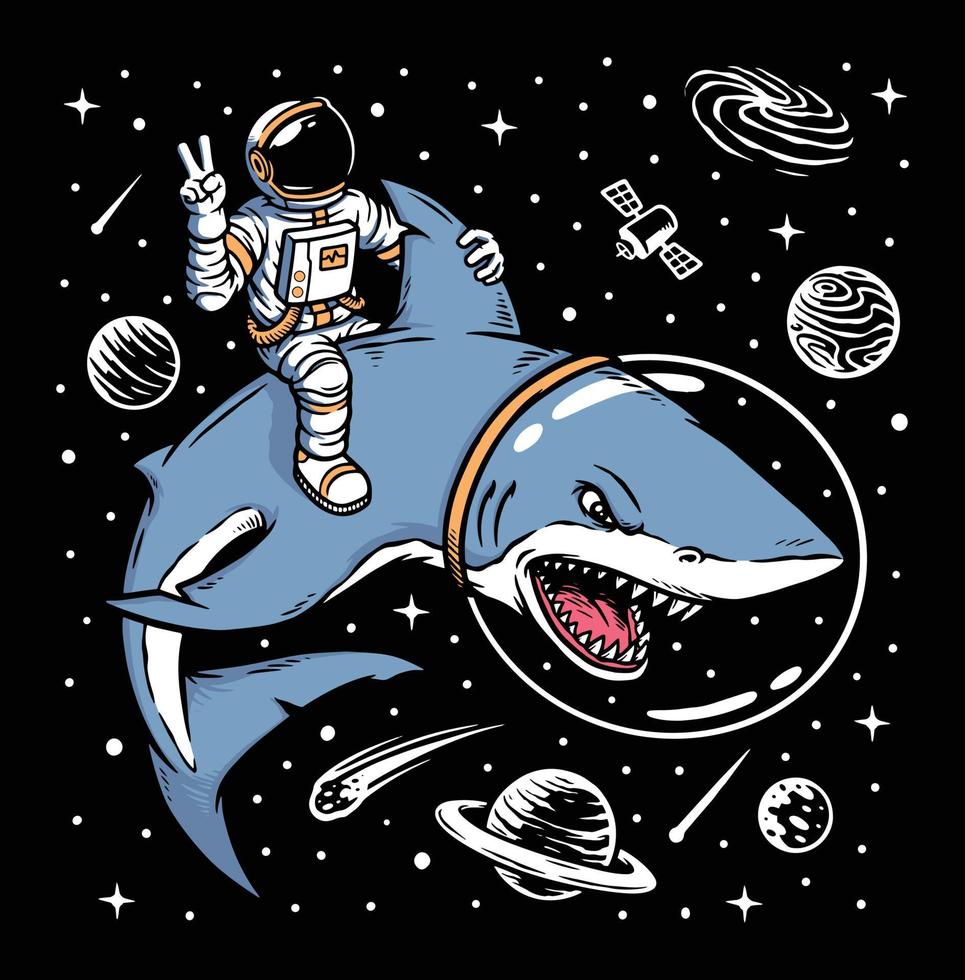 astronauta che cavalca l'illustrazione dello squalo vettore