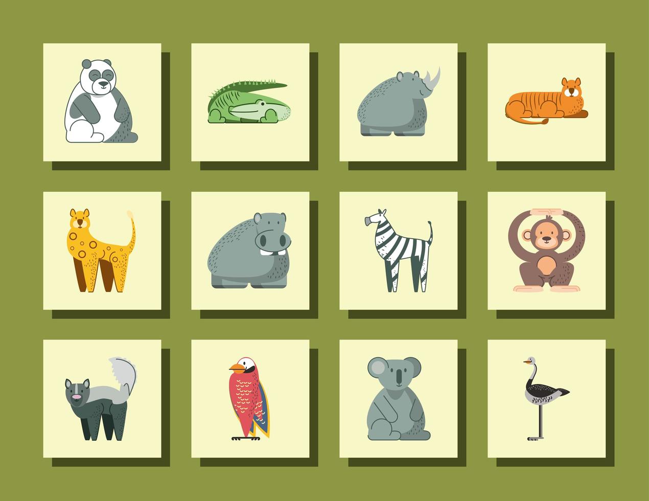 panda coccodrillo rinoceronte ippopotamo scimmia koala e uccello animali della giungla icone dei cartoni animati vettore