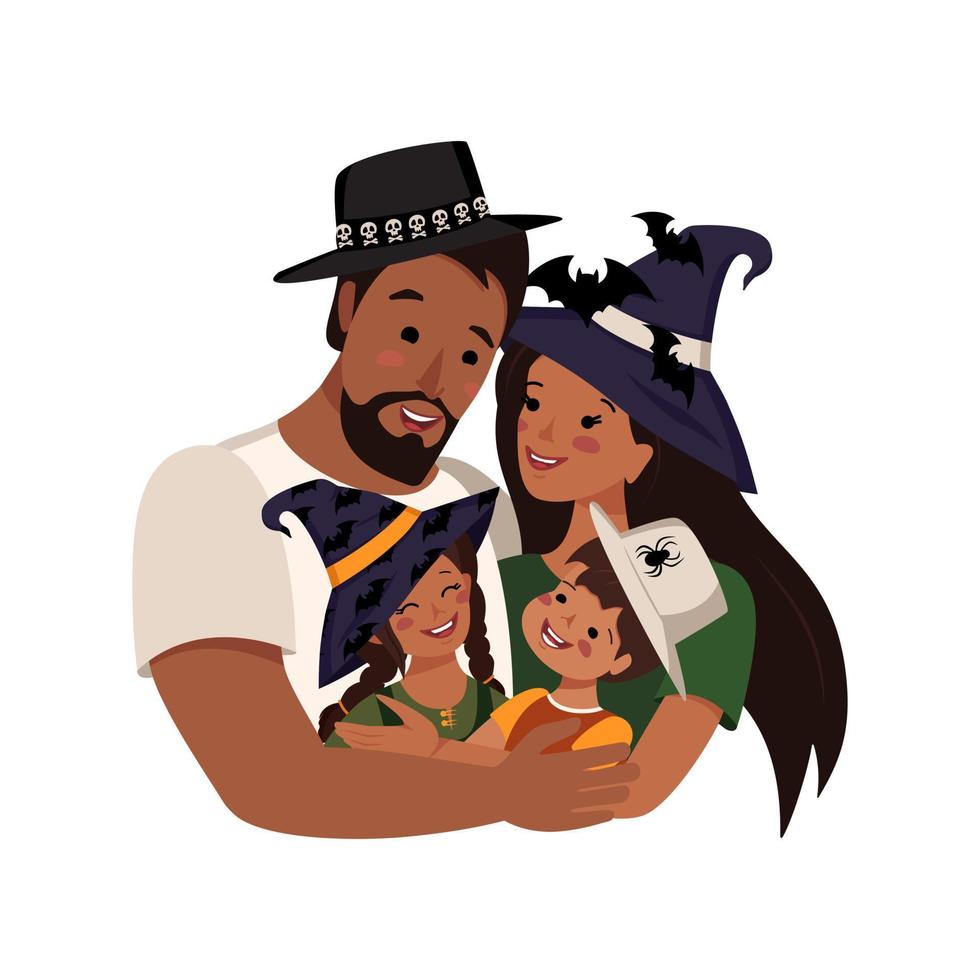 felice famiglia latina in costume per halloween. papà, mamma, figlia e figlio con cappelli da strega per il carnevale autunnale. le persone con la pelle scura e i capelli neri si abbracciano vettore