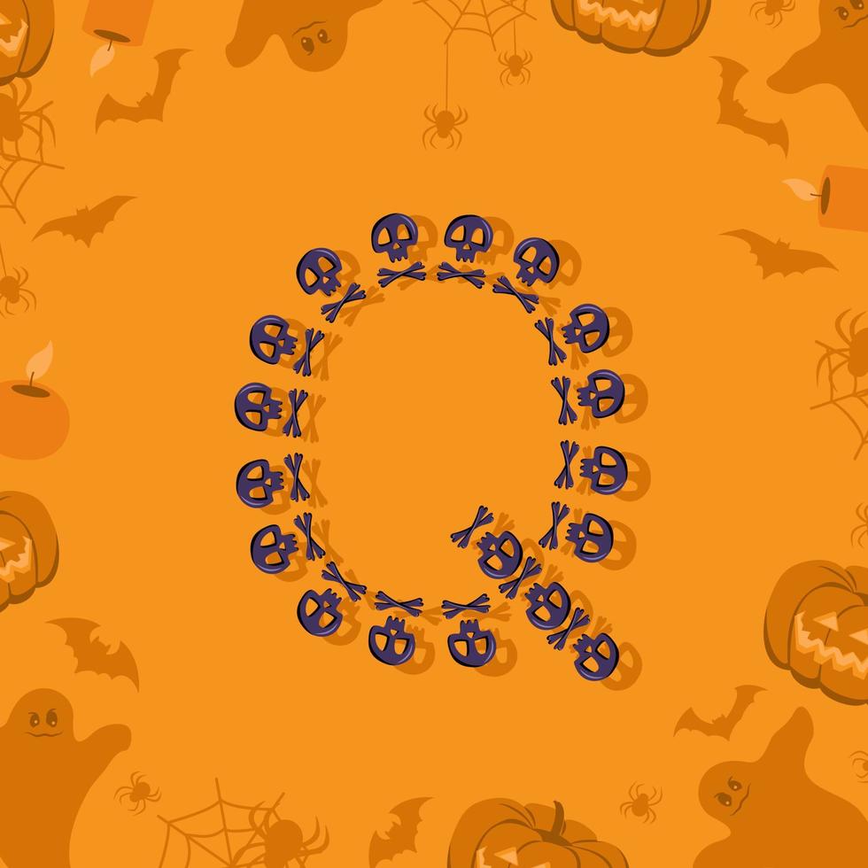 lettera q di halloween da teschi e ossa incrociate per il design. carattere festivo per vacanze e feste su sfondo arancione con zucche, ragni, pipistrelli e fantasmi vettore