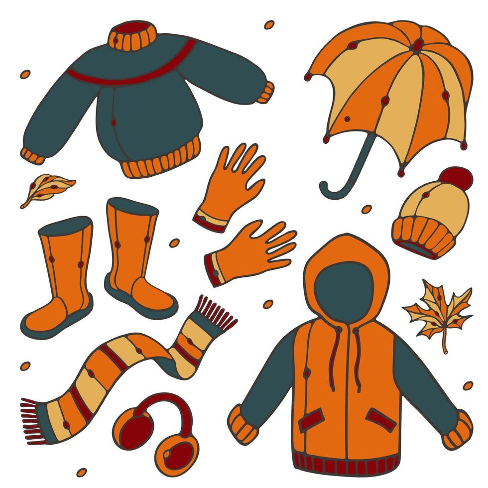 set di abbigliamento autunnale. impermeabile, stivali di gomma, ombrello aperto, sciarpa, cappello, cuffie, guanti, foglie. insieme della stagione delle piogge. collezione doodle stile cartone animato isolato su sfondo bianco vettore