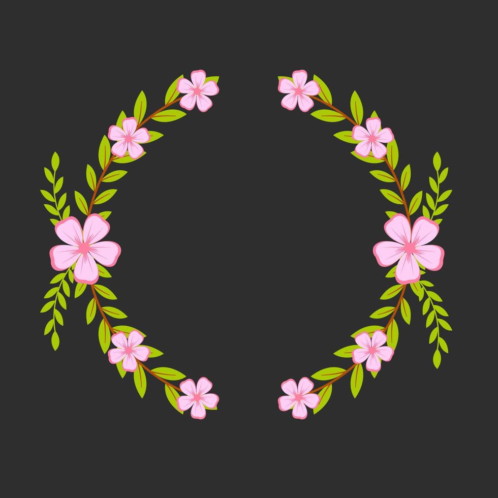 cornice floreale fatta di fiori di ciliegio disegnati a mano con linee di contorno su sfondo nero. collezione di ghirlande circolari naturali per inviti di matrimonio o fidanzamento. illustrazione vettoriale