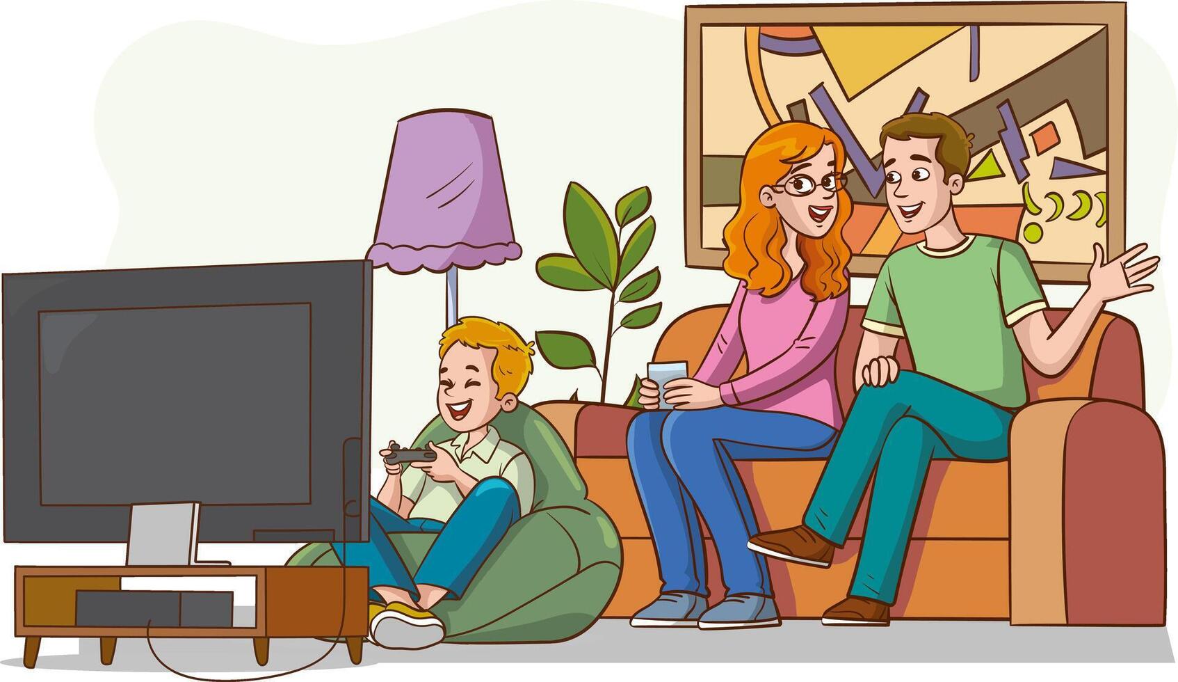 famiglia seduta su il divano e bambini giocando video gioco insieme nel il vivente camera vettore