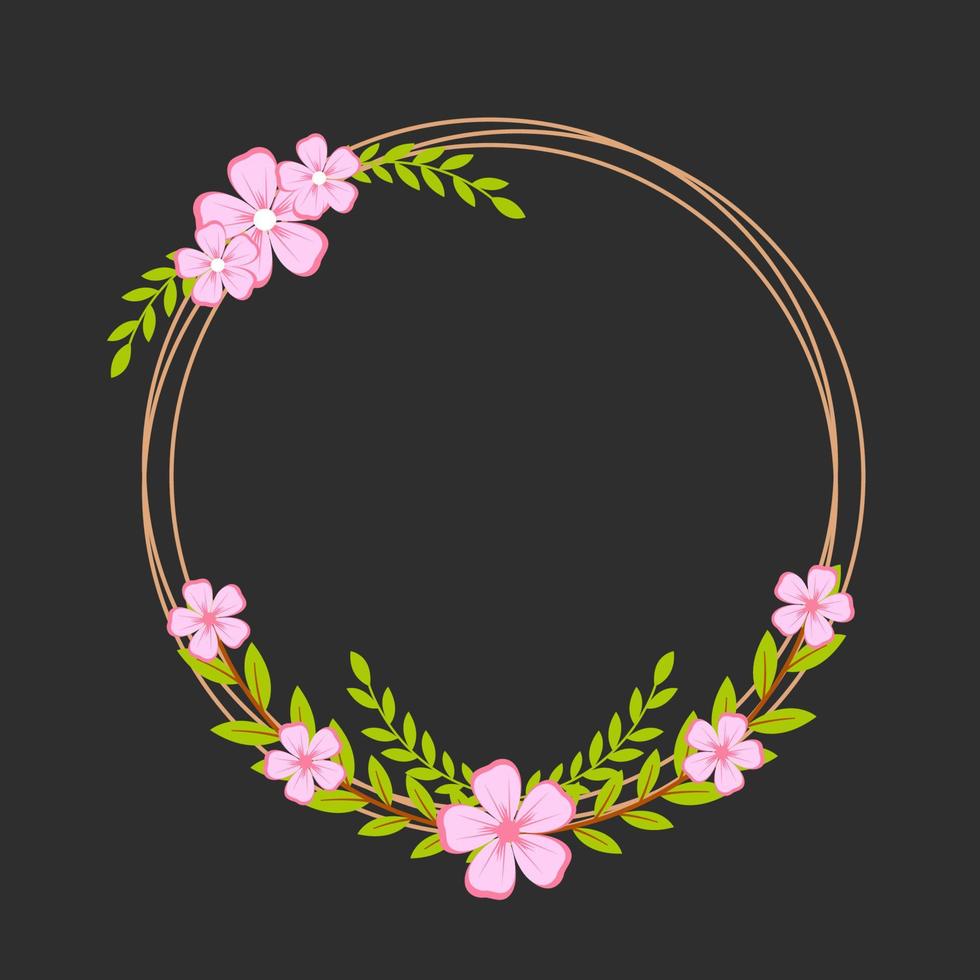 cornice floreale fatta di fiori di ciliegio disegnati a mano con linee di contorno su sfondo nero. collezione di ghirlande circolari naturali per inviti di matrimonio o fidanzamento. illustrazione vettoriale