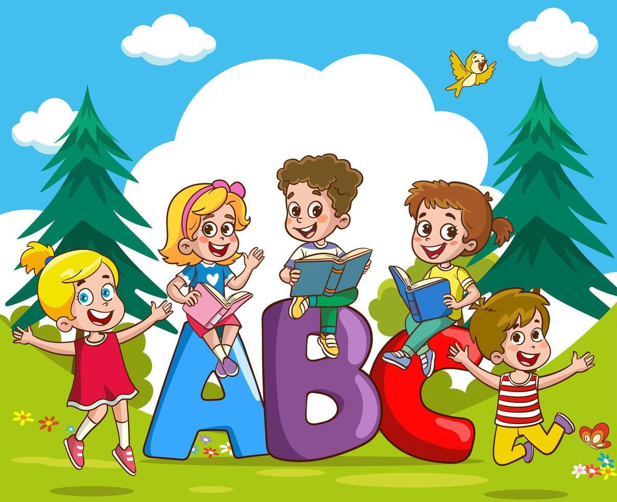 font design per parola abc con bambini giocando nel il parco vettore illustrazione
