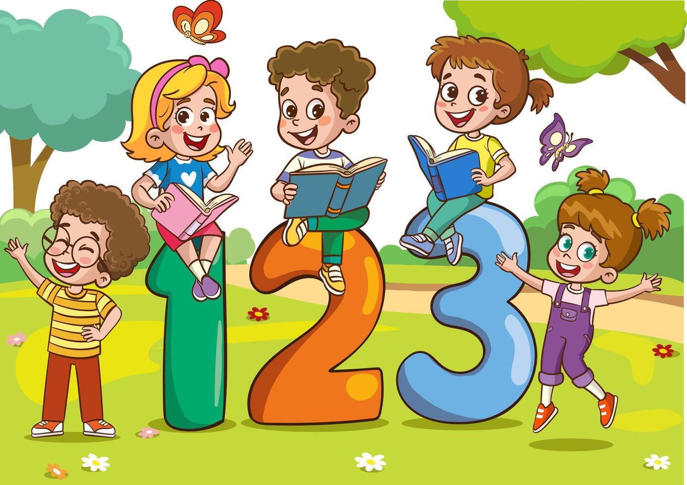 vettore illustrazione di cartone animato bambini con 123 numeri