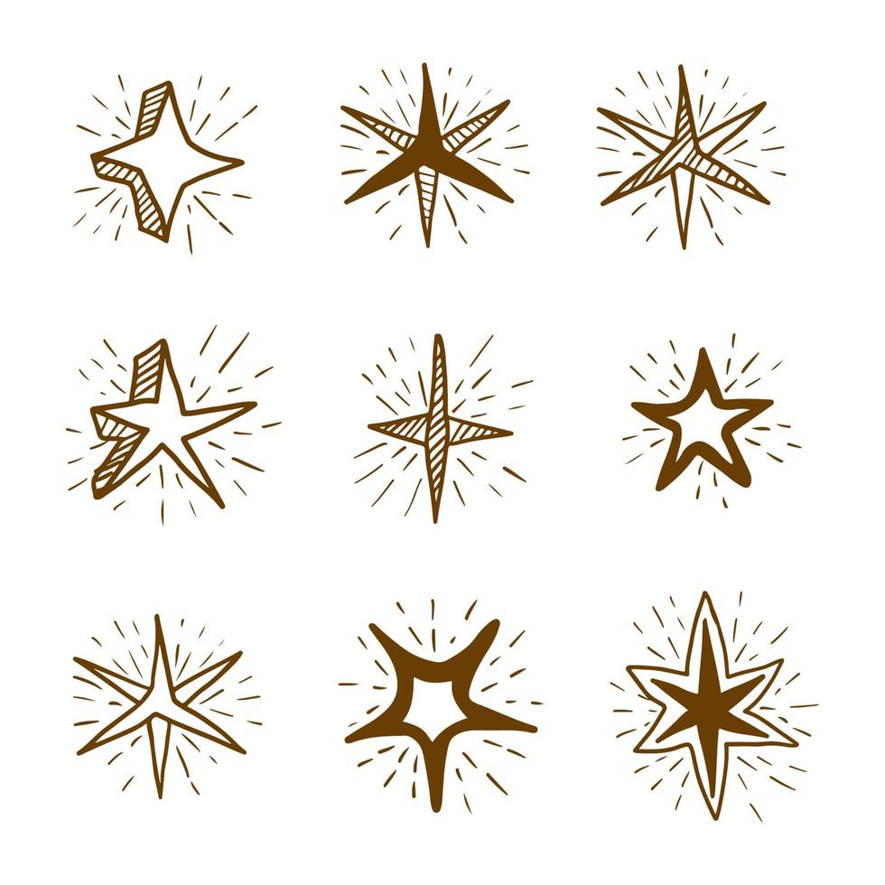 set di icone disegnate a mano illustrazione stelle lucenti, stelle scintillanti, stelle glitterate vettore
