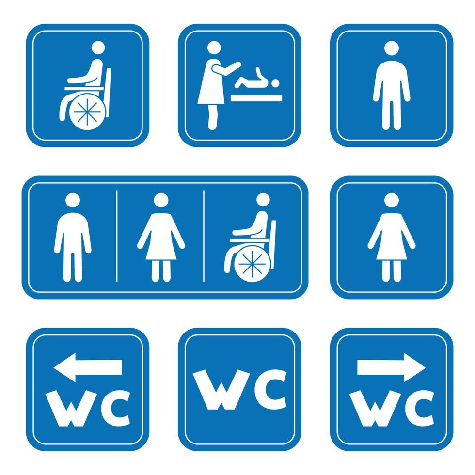 icone del bagno. uomo, donna, simbolo della persona su sedia a rotelle e fasciatoio. segno WC maschio, femmina, handicap. stile glifo. simbolo wc vettore