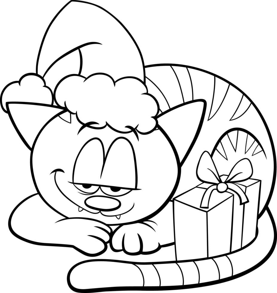 gatto cartone animato con regalo di natale pagina del libro da colorare vettore
