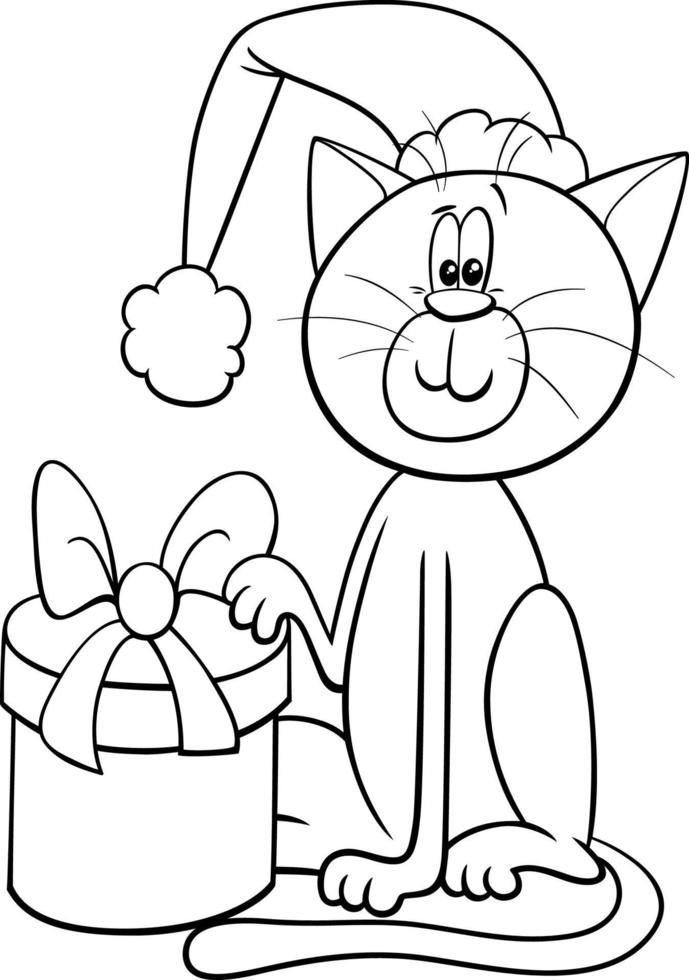 gatto cartone animato con regalo a natale pagina libro da colorare vettore