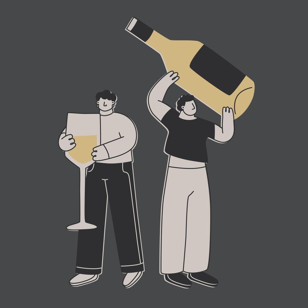 carino uomini con un' enorme bottiglia di bianca vino e un' enorme bicchiere. divertente esagerato personaggi per design su il tema di vino o alcolizzato bevande. vettore piatto illustrazione.