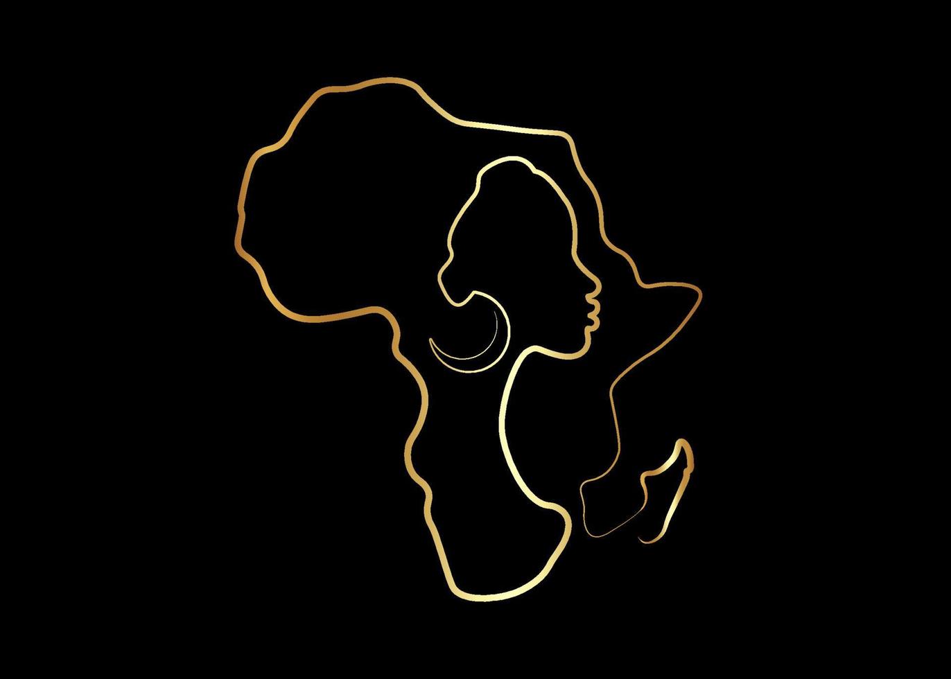 donna africana nera in stile artistico linea oro, disegno a linea continua di donna afro e mappa del continente africano. vettore icona dorata linework logo isolato su sfondo nero