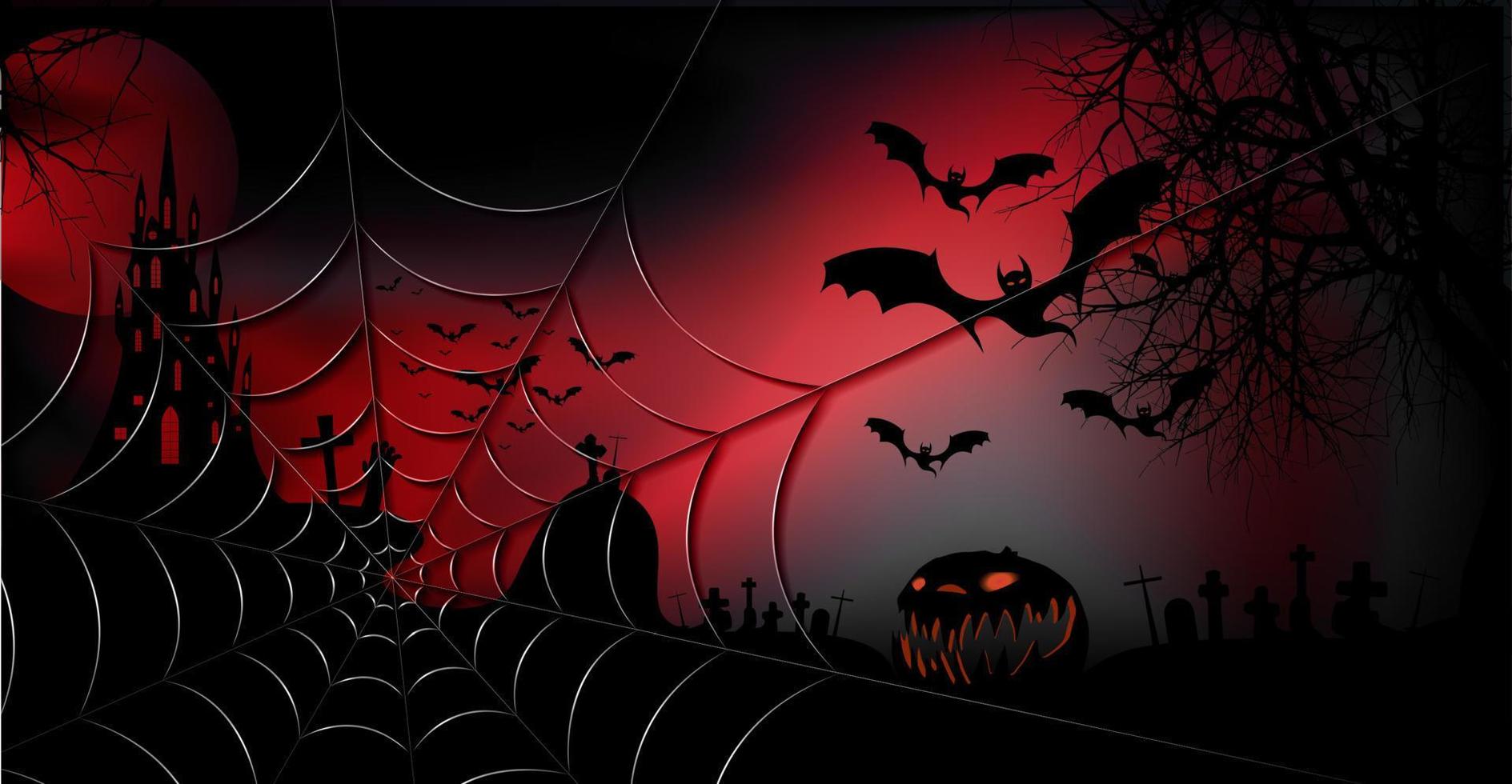 banner festa di halloween, sfondo rosso scuro spettrale, sagome di personaggi e pipistrelli spaventosi con castello infestato gotico, concetto di tema horror, ragnatela dorata e cimitero scuro, modelli vettoriali